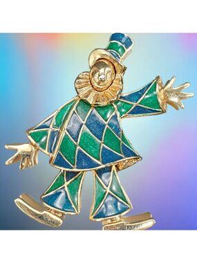 Clown Jester Brooch Pin Gold Tone Blue Green Enamel Vintage Costume Jewelry